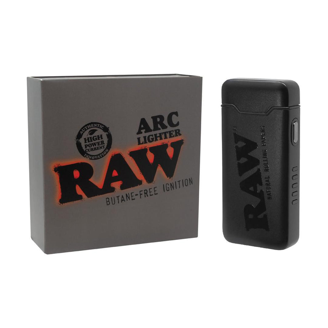 RAW Arc Lighter in black with packaging showcasing butane-free ignition and high power features.