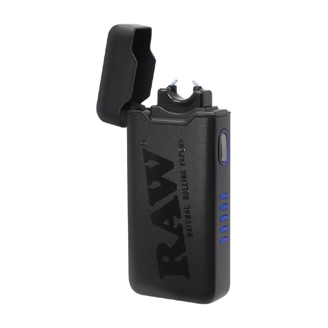 RAW Arc Lighter in black with open lid showcasing the ignition mechanism, USB rechargeable and wind-proof.
