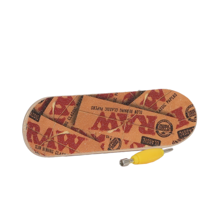 Raw Finger Boards top view showcasing a mini skateboard design with RAW branding details.