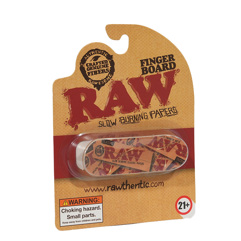 RAW Finger Boards packaging featuring a mini finger board design and warning label.