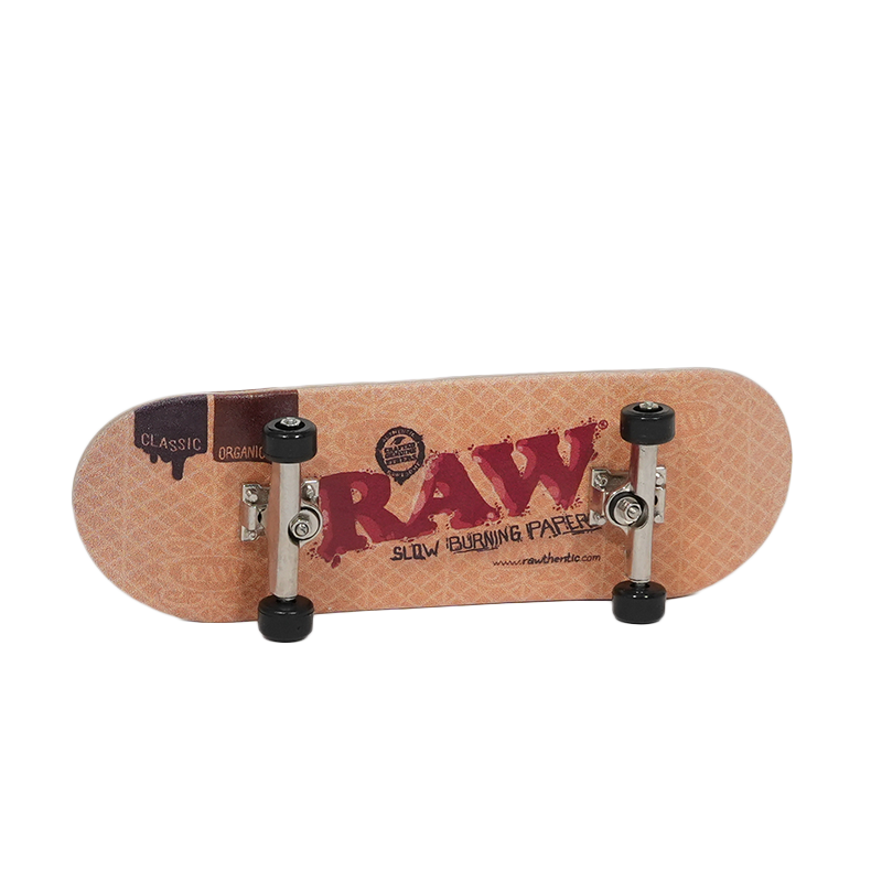 RAW Finger Boards mini skateboard with realistic design and wheels, showcasing authentic RAW branding.