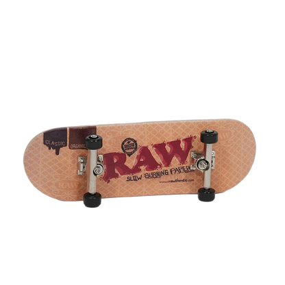RAW Finger Boards mini skateboard with realistic design and wheels, showcasing authentic RAW branding.