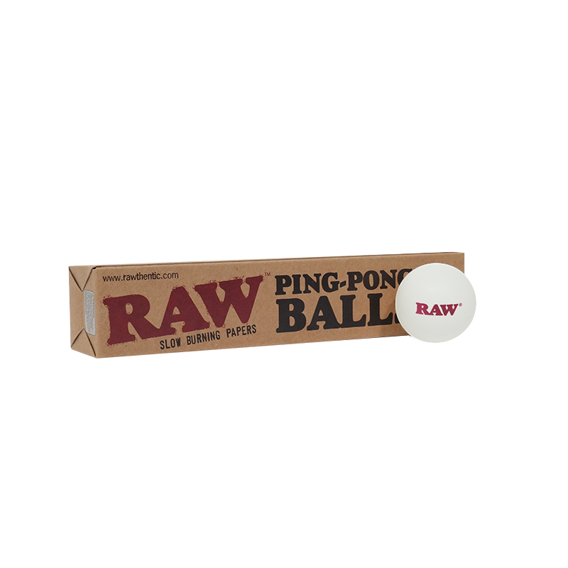 Raw Ping Pong Balls packaging with a single RAW ping pong ball, showcasing high-quality fun.