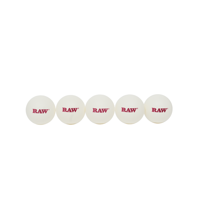 Five RAW Ping Pong Balls arranged in a row, showcasing the quality and fun of RAW products.