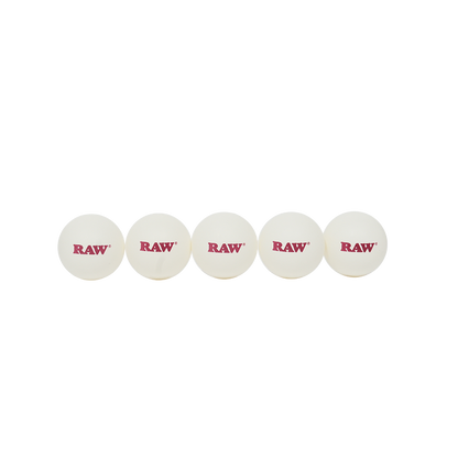 Five RAW Ping Pong Balls arranged in a row, showcasing the quality and fun of RAW products.
