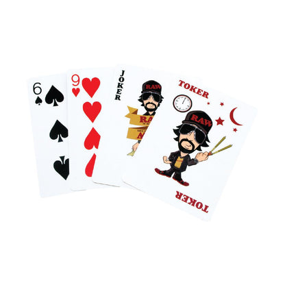 RAW Playing Cards featuring illustrated characters and classic suits in a stylish deck design.
