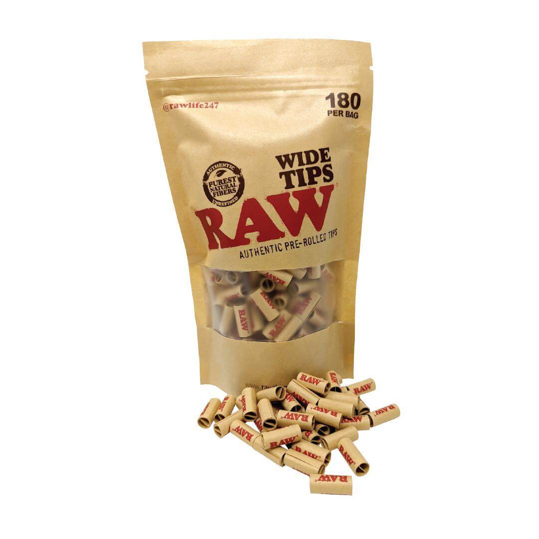RAW Tips - Pre Rolled Tips Wide 180ct pack with tips displayed on a surface.