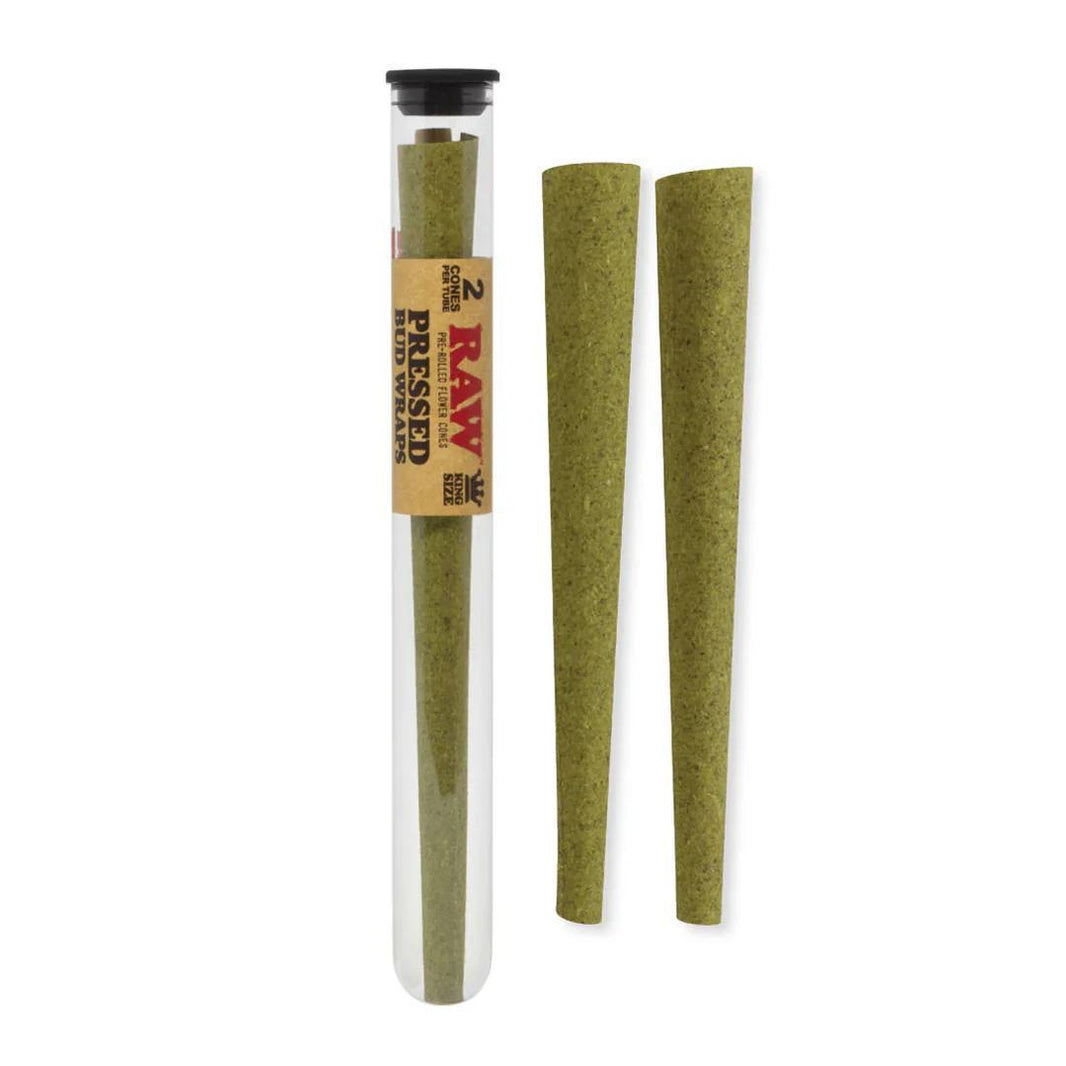 RAW Pressed Bud Wraps in a tube with two all-natural hemp wraps displayed.