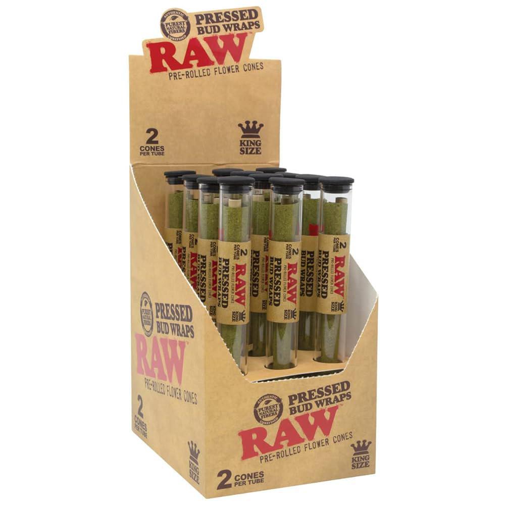 RAW Pressed Bud Wraps display featuring king size pre-rolled flower cones in tubes.