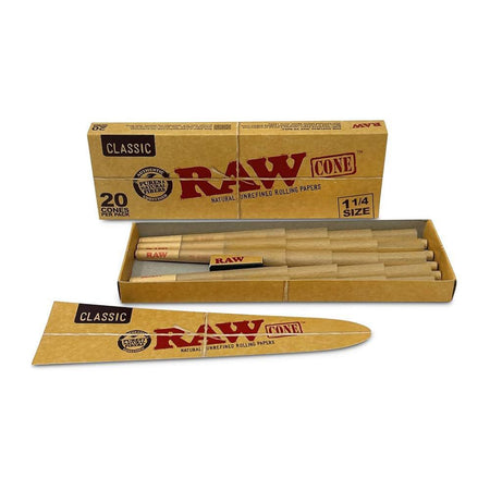 RAW Rolling Papers Cones 1 1/4 Unbleached 20ct Pack - Pre-rolled cones with natural plant fibers for smooth smoking.