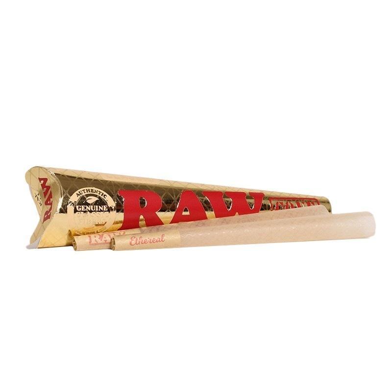 Raw Rolling Papers - Ethereal Cones in gold packaging with a pre-rolled cone displayed