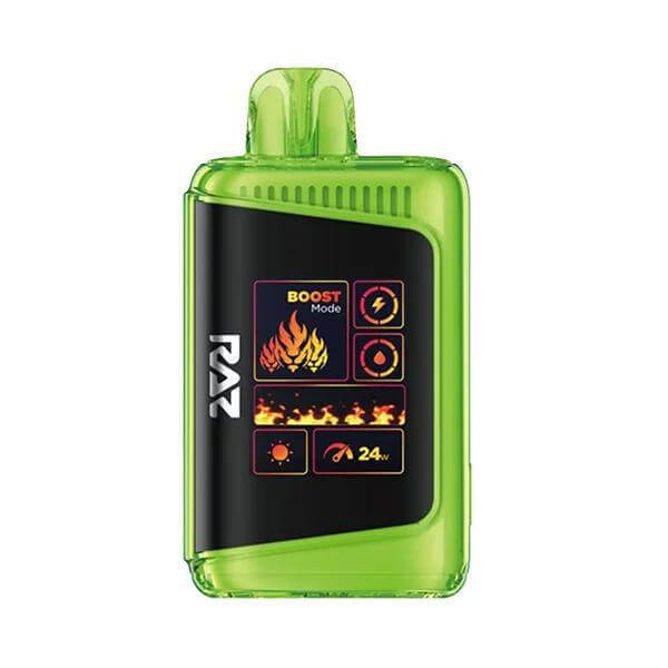 Raz 25 Disposable Nicotine Vape in vibrant green with digital display for customizable vaping experience.