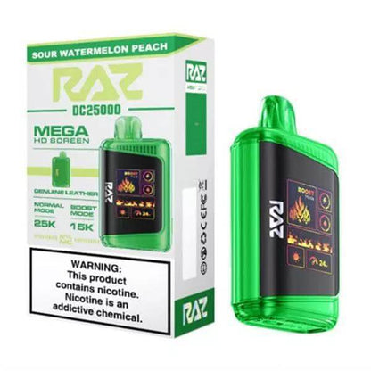 Raz 25k disposable vape in Sour Watermelon Peach flavor, featuring a mega HD screen and warning about nicotine.