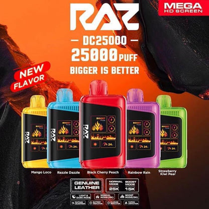 Raz 25 Disposable Vape with flavors: Mango Loco, Razzle Dazzle, Black Cherry Peach, Rainbow Rain, Strawberry Kiwi Pear.