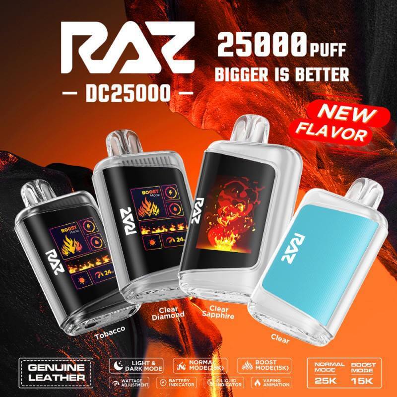Raz DC25000 Disposable Vape - 25000 puffs, new flavors, stylish designs in various colors including Tobacco and Clear.