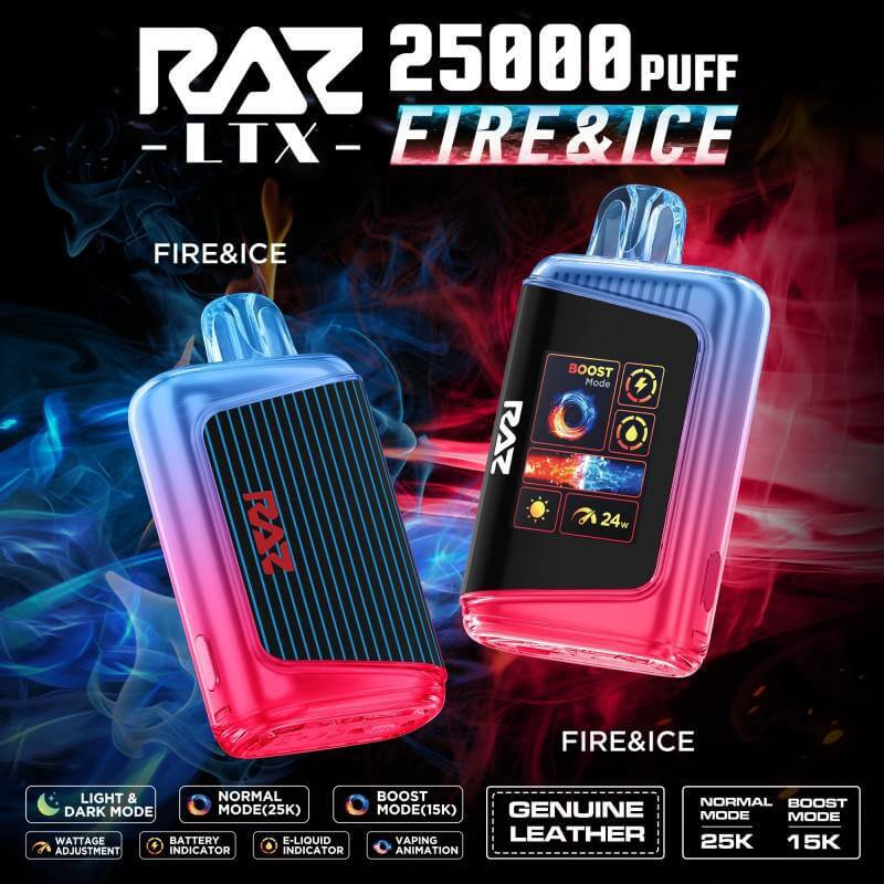 Raz 25 Disposable Vape featuring Fire & Ice design, 25000 puffs, adjustable modes, and advanced performance.