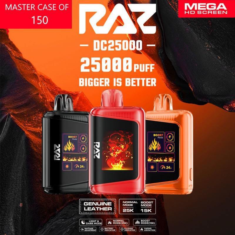 Raz DC25000 disposable vape devices showcasing 25000 puffs, featuring HD screens and genuine leather design.