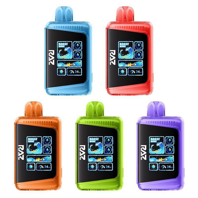 RAZ LTX 25K Punch Edition disposable vapes in colorful designs featuring a digital display and unique flavors.