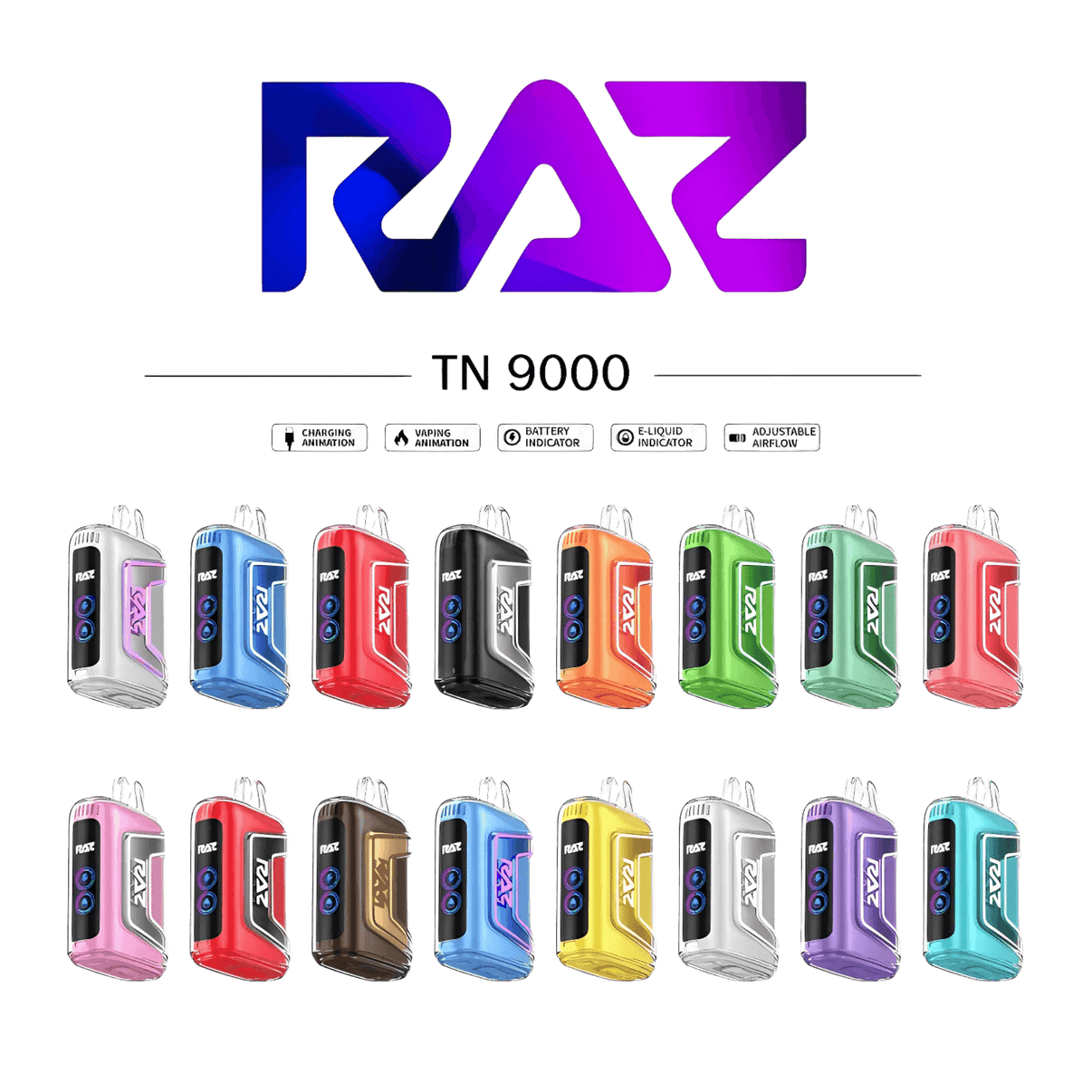 Raz TN9000 Disposable Nicotine Vape collection showcasing various vibrant colors and designs.