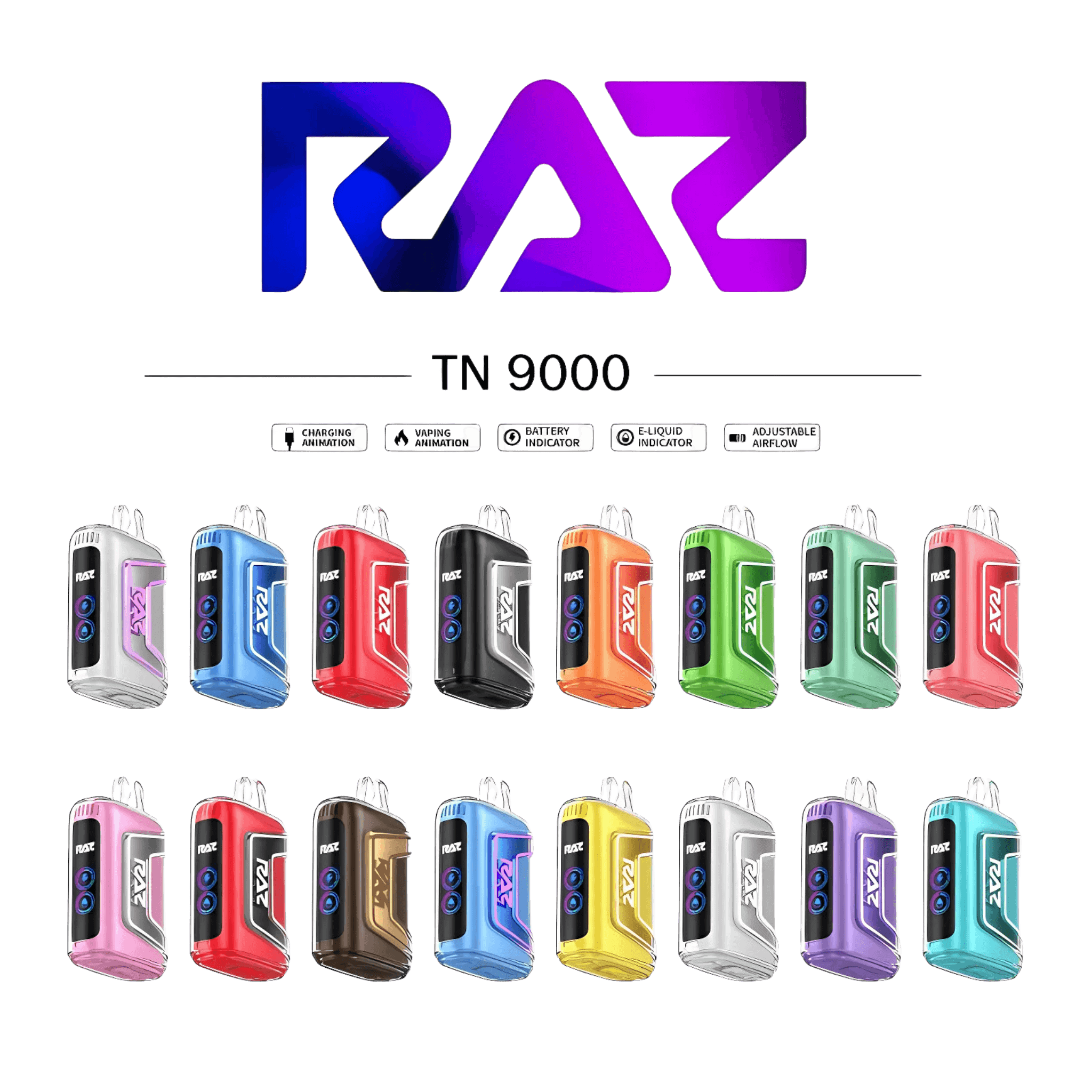 Raz TN9000 Disposable Nicotine Vape collection showcasing various vibrant colors and designs.