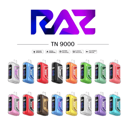 Raz TN9000 Disposable Nicotine Vape collection showcasing various vibrant colors and designs.