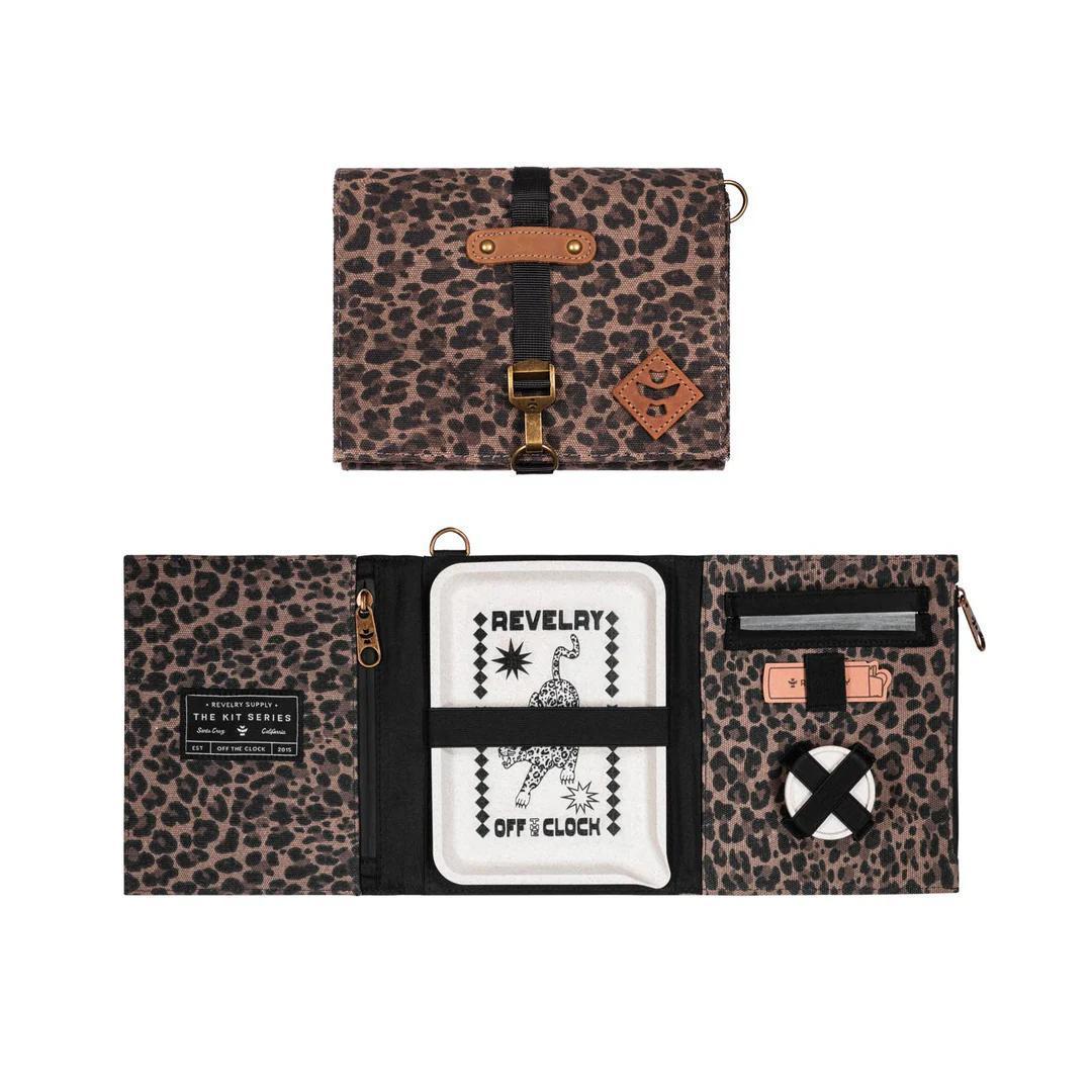 Reverly Rolling Kit, leopard print, smell proof rolling kit with rolling tray and storage pockets for convenience on the go.