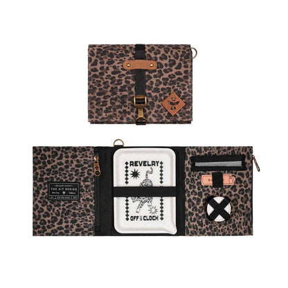 Reverly Rolling Kit, leopard print, smell proof rolling kit with rolling tray and storage pockets for convenience on the go.