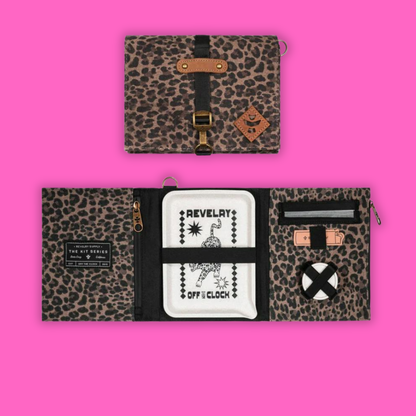 Reverly Rolling Kit in a stylish leopard print design, featuring a rolling tray and smell-proof pockets for discreet storage.