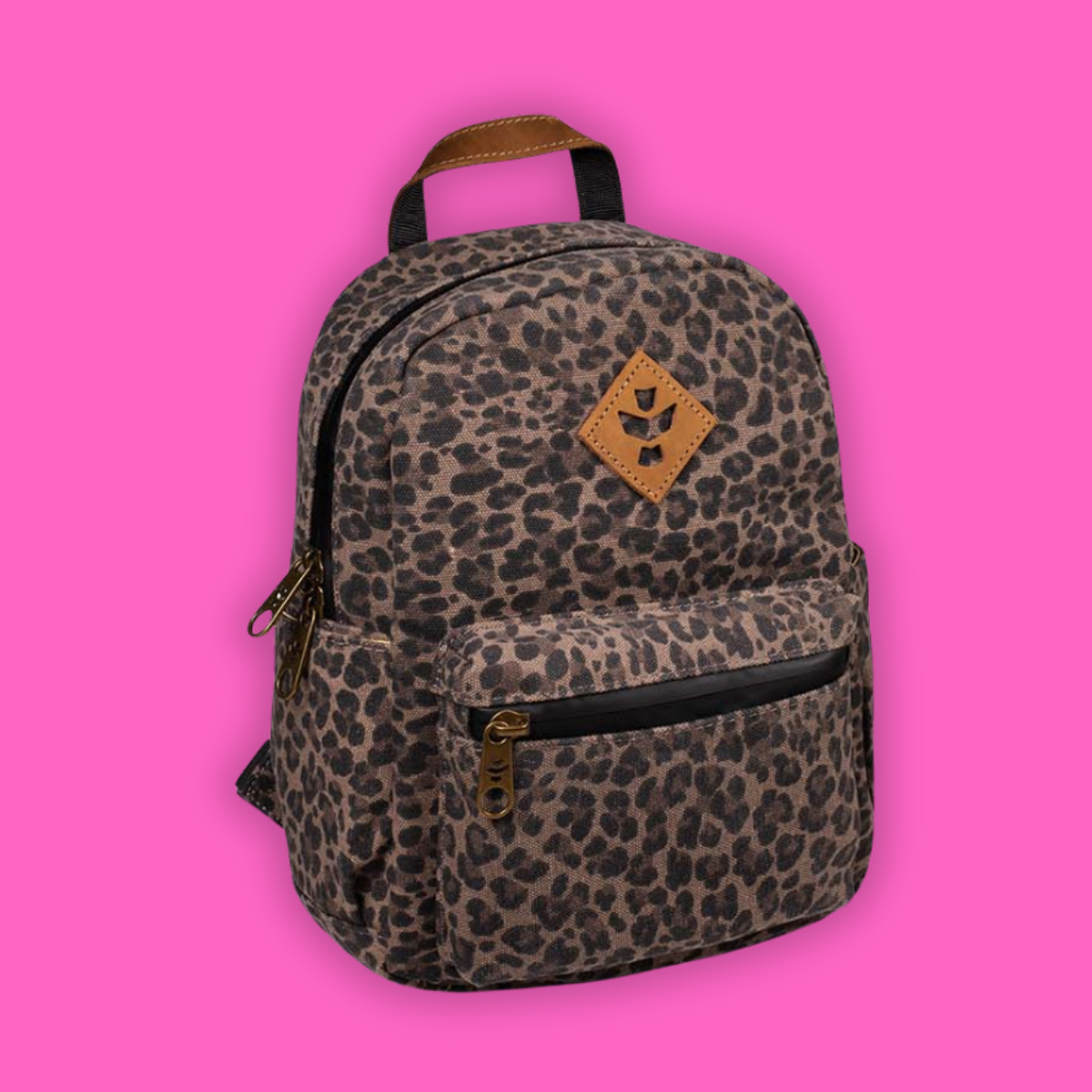 Reverly Backpack-The Shorty in leopard print, smell proof and water-resistant for secure and discreet travel.