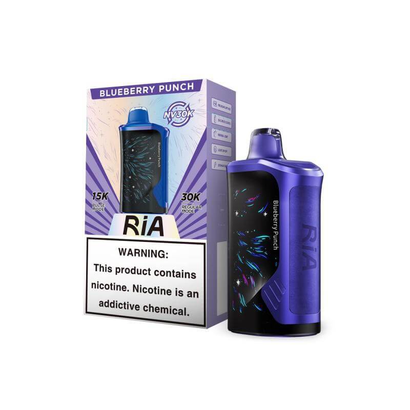 RiA 30K vape device in Blueberry Punch flavor with packaging, nicotine warning included.