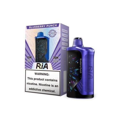 RiA 30K vape device in Blueberry Punch flavor with packaging, nicotine warning included.