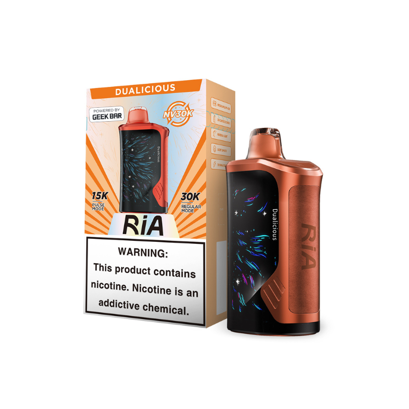 RiA 30K vape device displayed with packaging, featuring vibrant colors and a warning label about nicotine addiction.