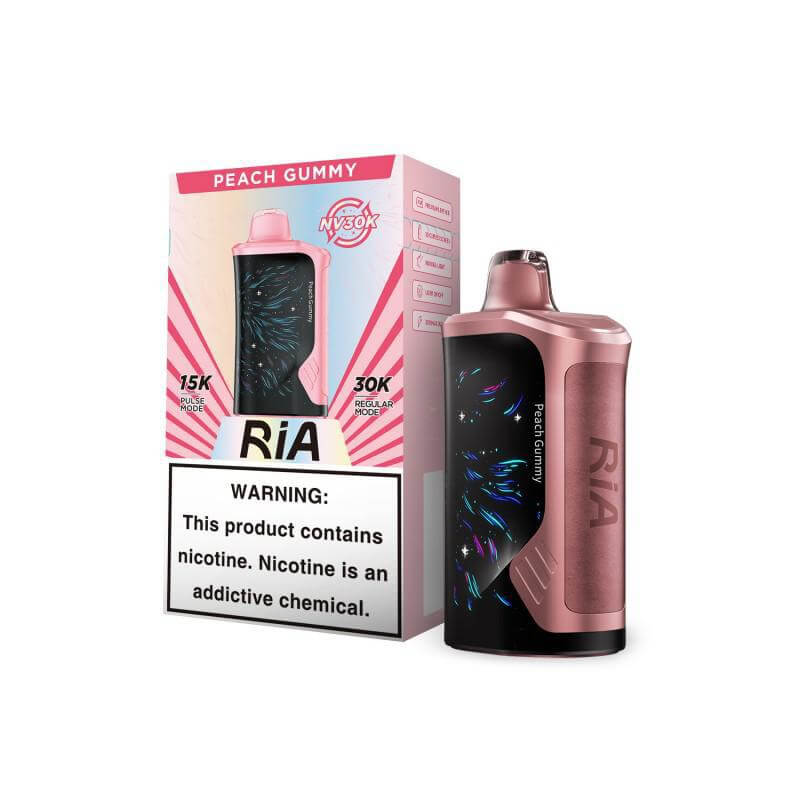 RiA 30K Peach Gummy vaping device with warning label about nicotine and addictive chemicals.