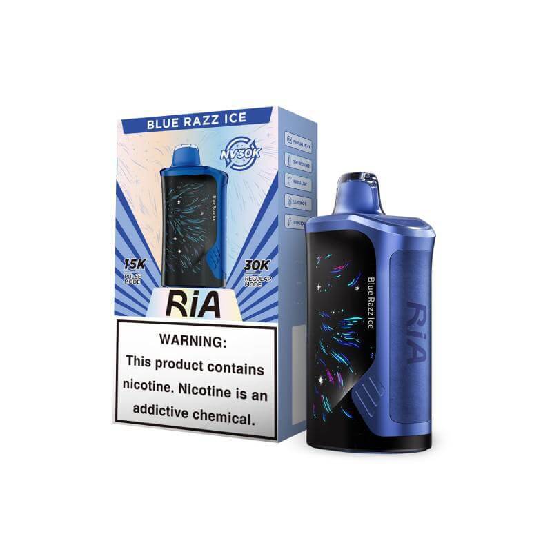 RiA 30k vape with Blue Razz Ice flavor, featuring packaging and warning label about nicotine addiction.