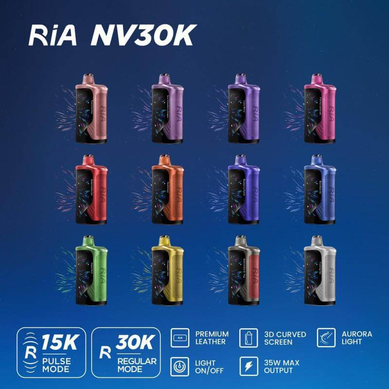 RiA NV30K devices in various colors with features including 15K pulse mode, 30K regular mode, and 35W max output.