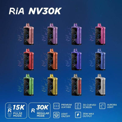 RiA NV30K devices in various colors with features including 15K pulse mode, 30K regular mode, and 35W max output.