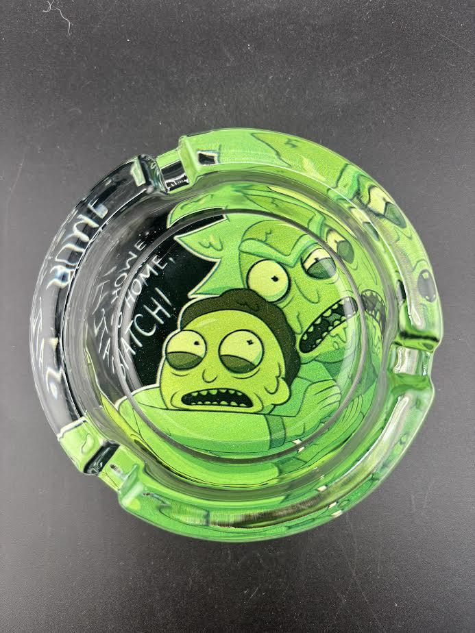 Rick and Morty Glass Ash Tray featuring colorful artwork of Rick and Morty characters.