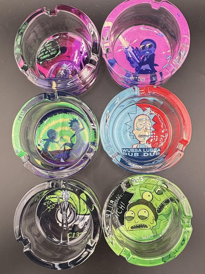 Colorful Rick and Morty Glass Ash Tray collection featuring unique artwork and designs for a fun smoking accessory.