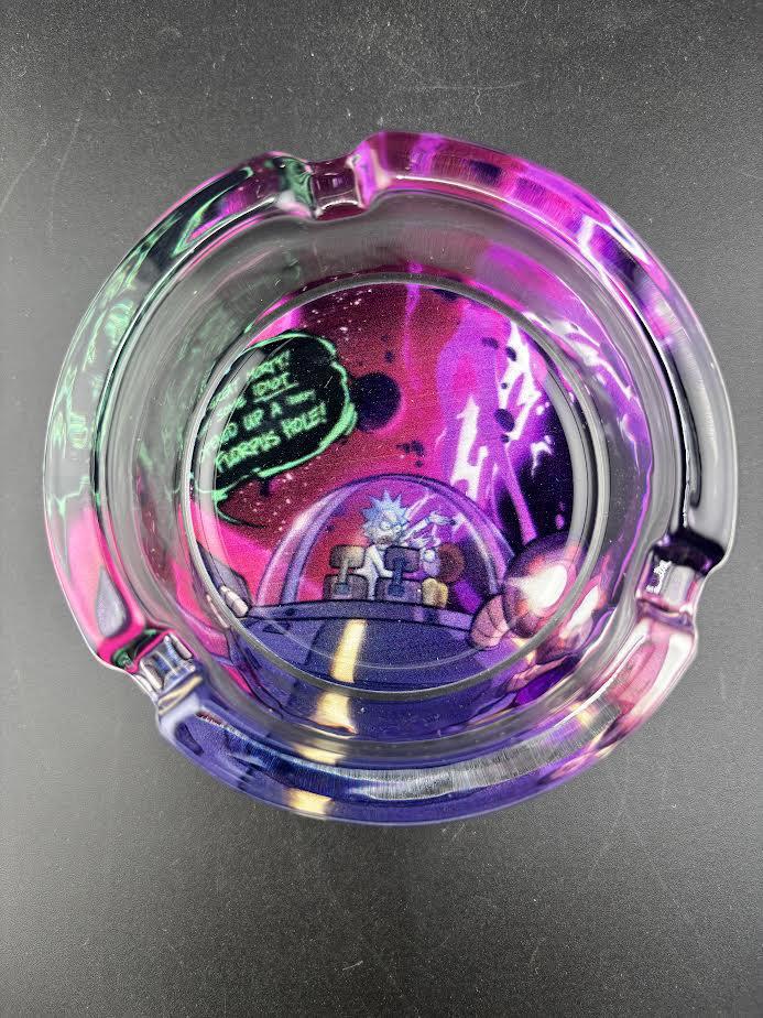 Rick and Morty Glass Ash Tray with vibrant interdimensional artwork and colorful details.