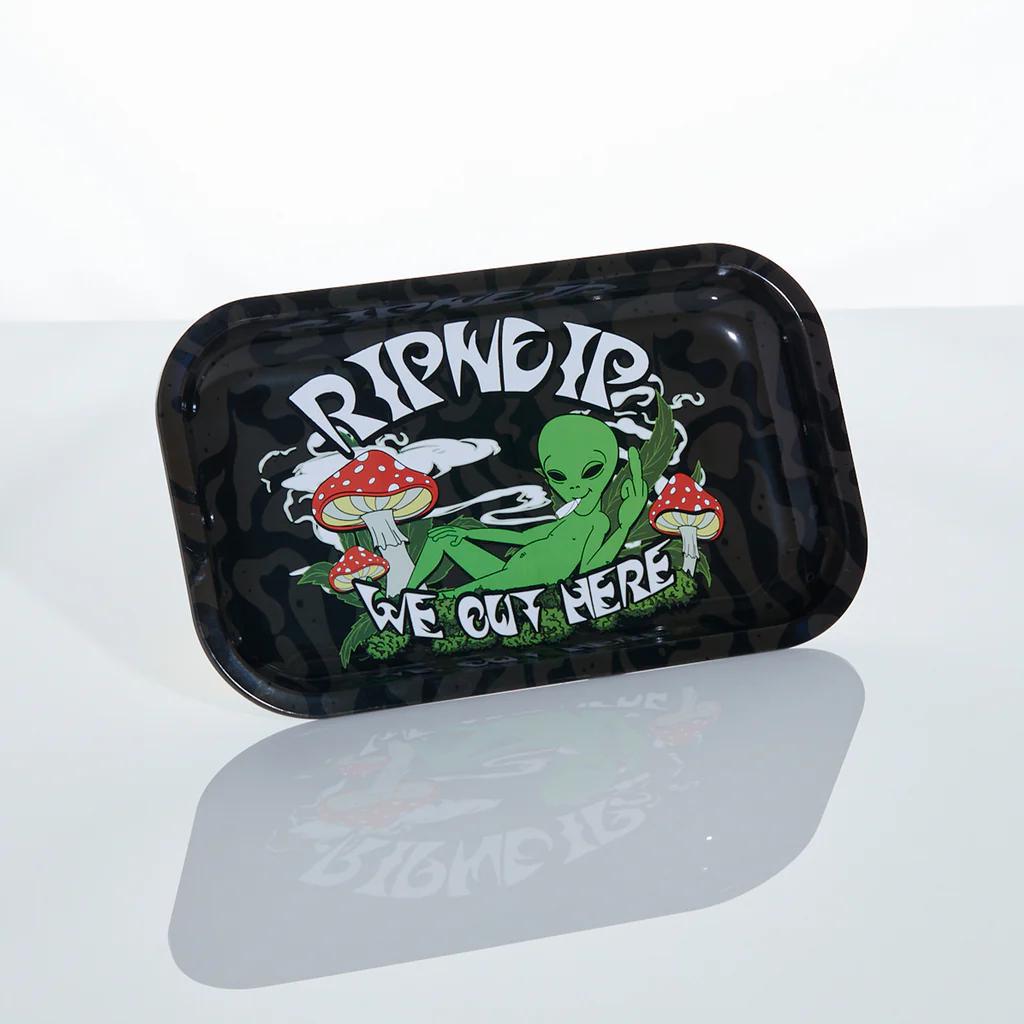 RipNDip We Out Here Rolling Tray featuring alien and mushrooms graphic on a sleek metal surface.