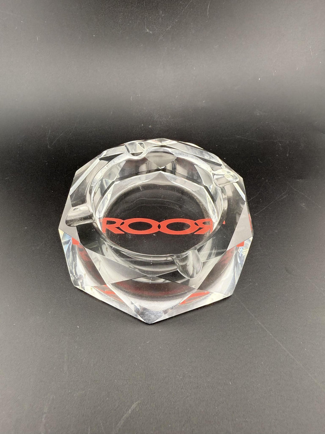 ROOR Ashtray - Crystal Cut, luxury glass ashtray with precision-cut design and prominent ROOR logo.