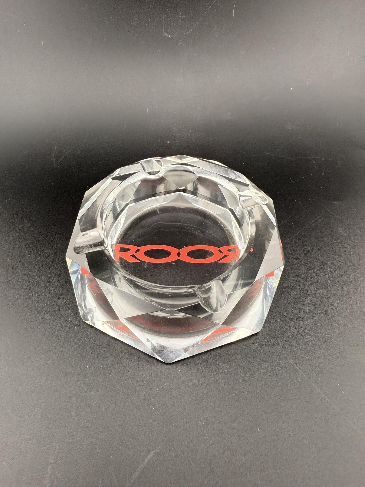 ROOR Ashtray - Crystal Cut, luxury glass ashtray with precision-cut design and prominent ROOR logo.