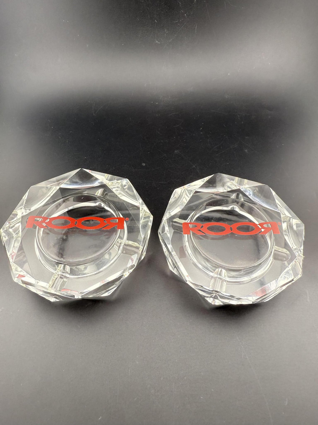 ROOR Ashtray - Crystal Cut featuring a refined crystal design and prominent ROOR logo, perfect for luxury smoking spaces.