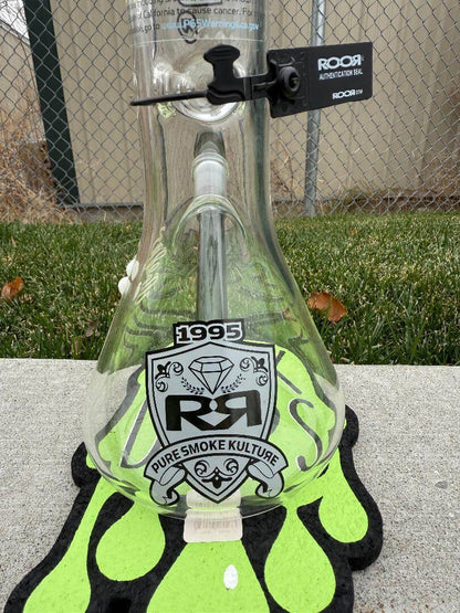 ROOR Glass 14" Beaker 50x5mm Collector Series Beaker - Smoke displayed on a colorful mat with logo and tag.