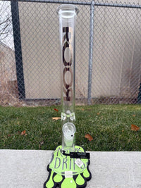 ROOR Glass 18" Straight Tube 45x5mm Thick - Gold Logo displayed on a grassy surface with a drip mat.