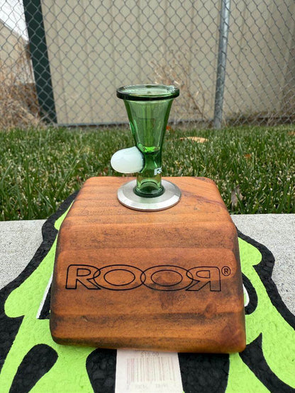 ROOR Glass 14" Beaker 50x5mm Thick Collector Series Beaker w/ Color Matching Bowl & Wooden Stand - Green on display
