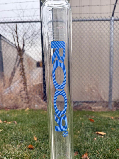 ROOR Glass Zeaker 22" 60 x 9mm Thickness 14mm 45 - Clear w/ Blue Bake Ons showcasing the blue ROOR logo on clear glass.