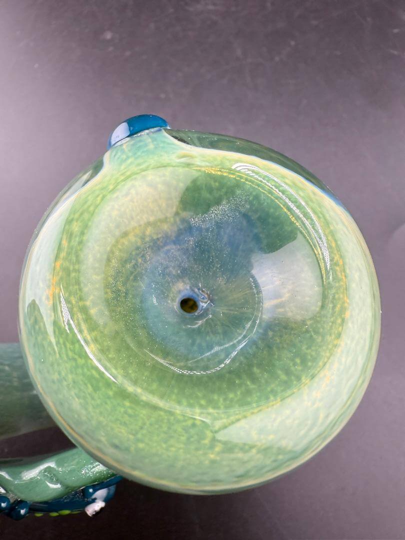 Rosie Works Sherlock Pipe - Green Frit w/ Leaf & Blue Frog Attachment close-up view of the bowl
