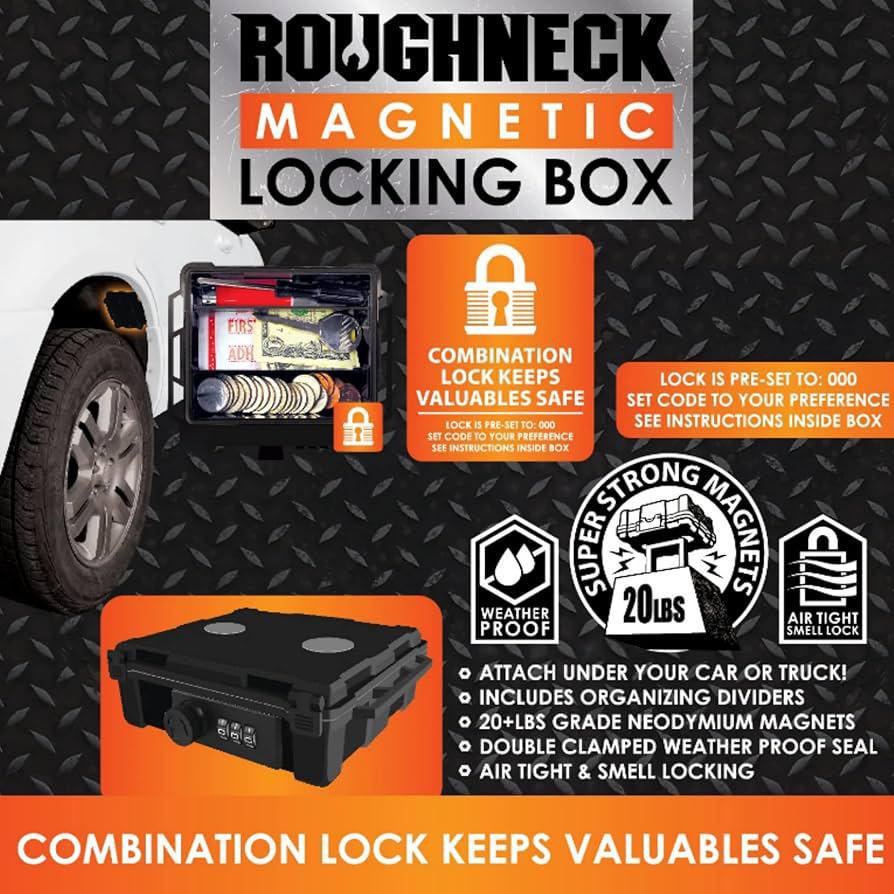 Roughneck Magnetic Locking Box with strong magnets, secure lock, and weatherproof design for safe storage of valuables.