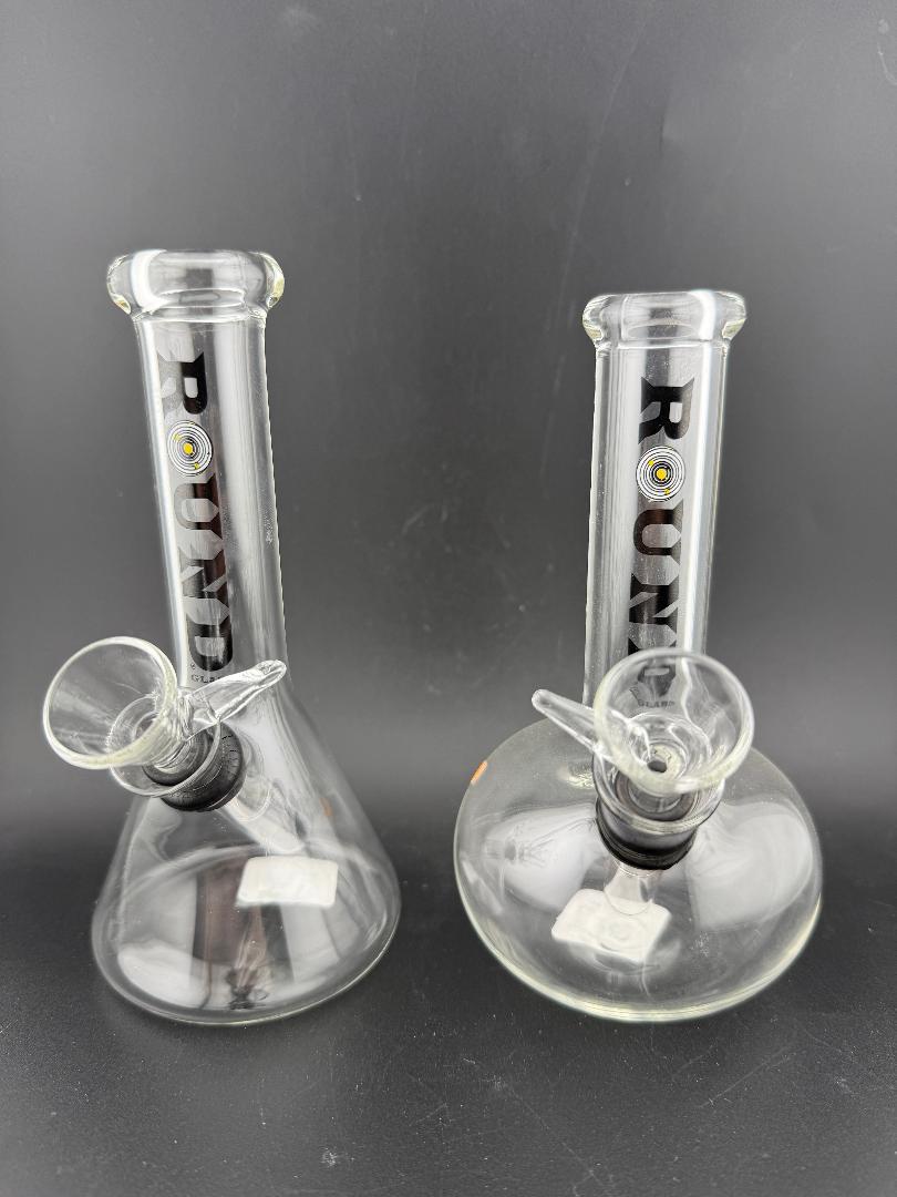 Round Glass Small Flower Tubes Slide Grommet Fitting - Clear glass bongs with a round base and precise design.